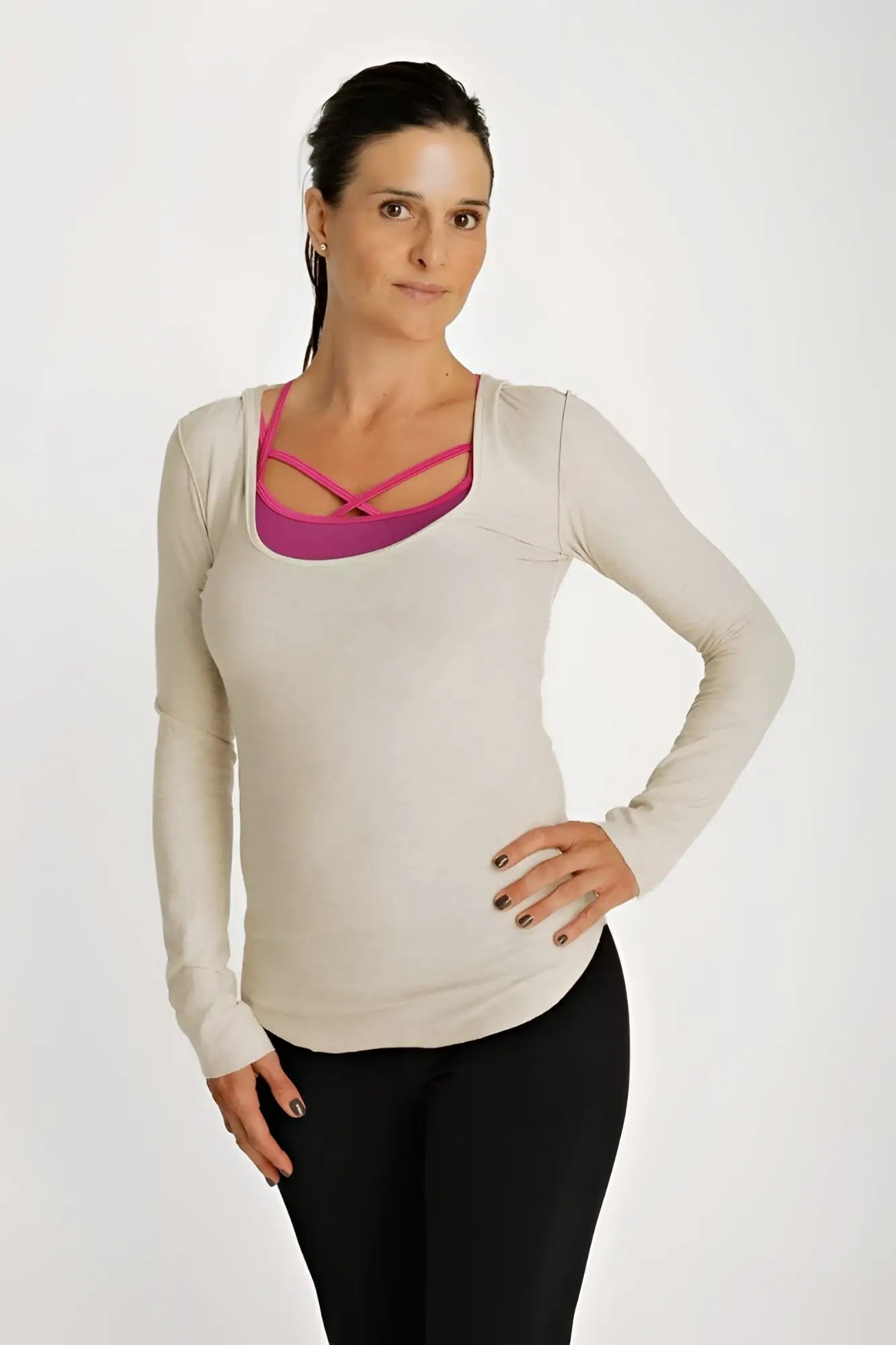Beige long-sleeved maternity top with vibrant pink crisscross neckline deep scoop neck hoodie top sand beige