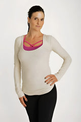 Beige long-sleeved maternity top with vibrant pink crisscross neckline deep scoop neck hoodie top sand beige