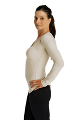Beige long-sleeved maternity top with a deep scoop neckline and subtle seam detailing in soft fabric