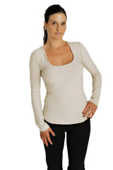 Beige long-sleeved fitted hoodie top with deep scoop neck in soft fabric for casual wear