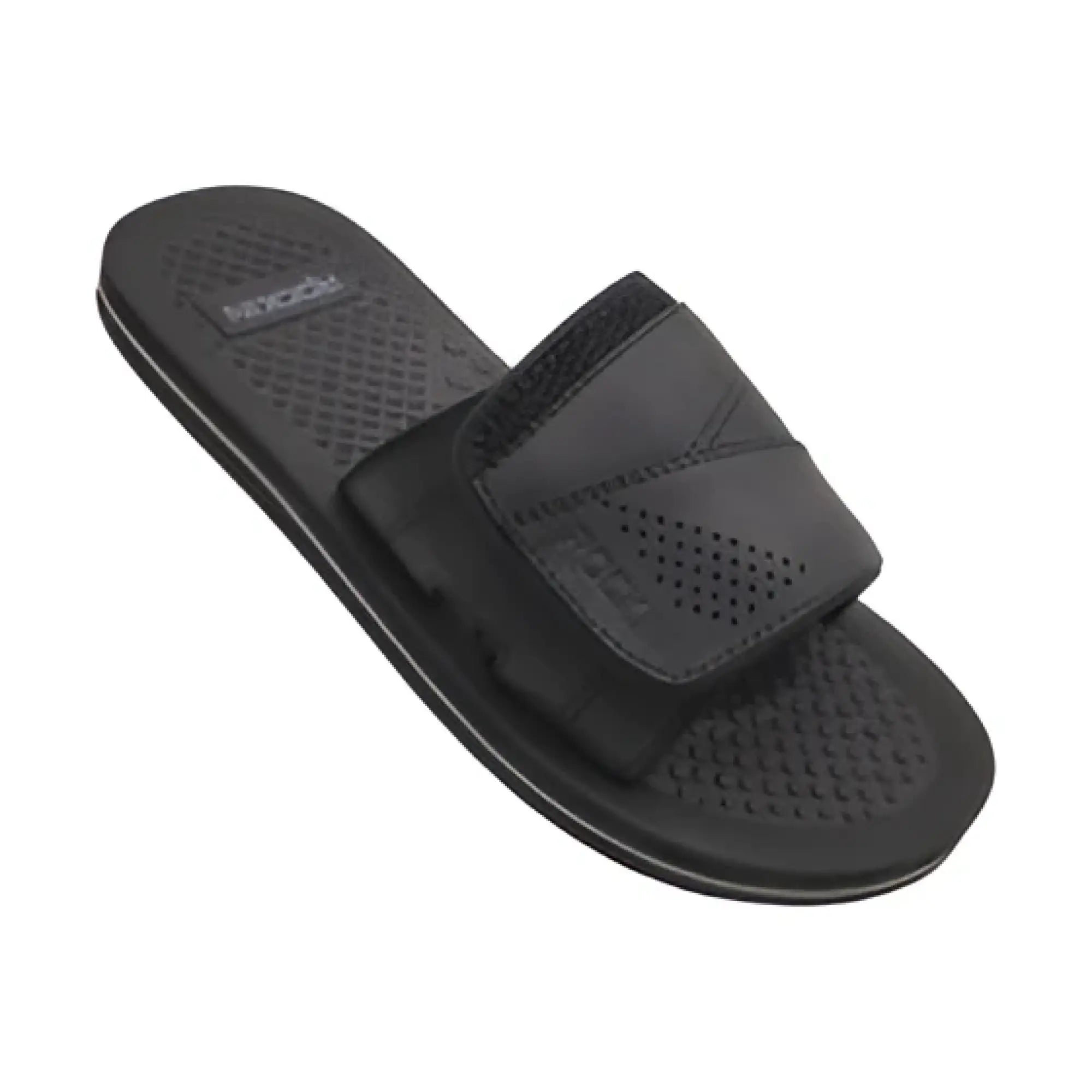 Black defender slide slip-on sandal with wide velcro strap and perforated footbed for comfortable wear
