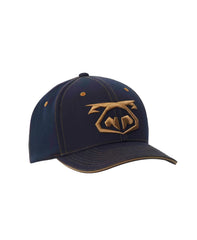 Denim snout 2-tone cap dark blue baseball hat with gold embroidered logo front for casual wear