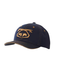 Dark blue denim snout 2-tone baseball cap with gold embroidered logo and matching gold stitching on the brim
