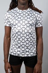Designer inspired print tee white short-sleeved rash guard with black and gray geometric chain-link pattern