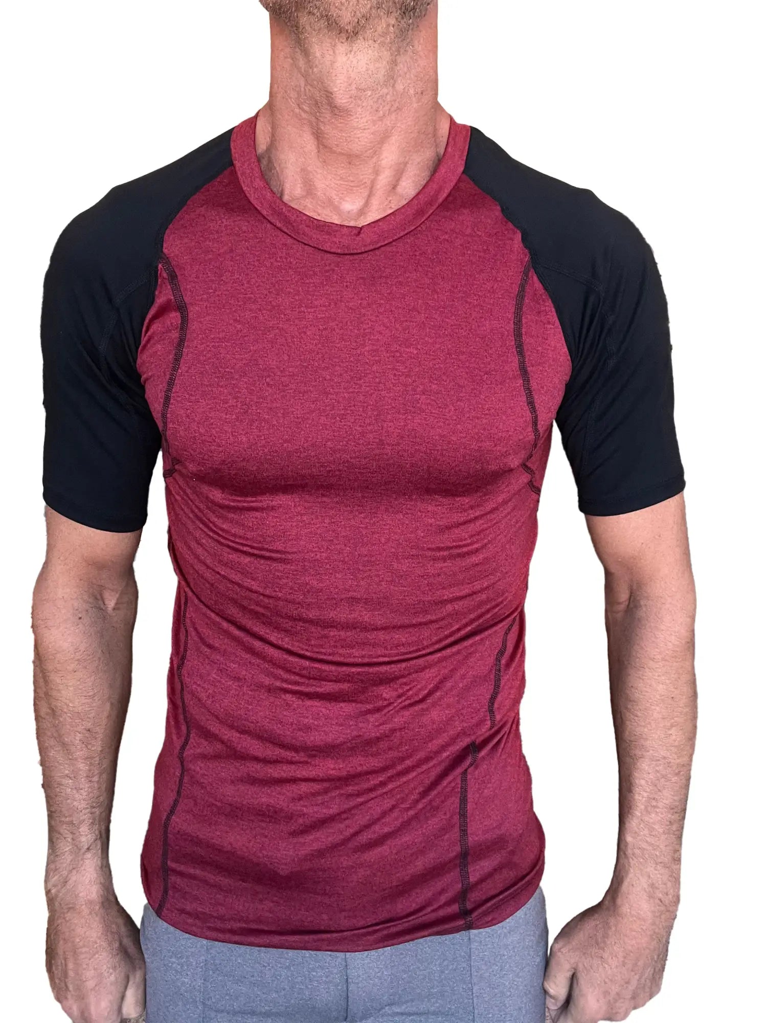 Maroon and black designer raglan crew neck tee with subtle textured fabric for athletic wear