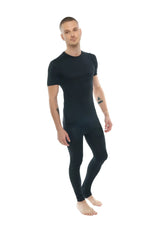 Black short-sleeved compression shirt and matching leggings set in carbon black designed for activewear use