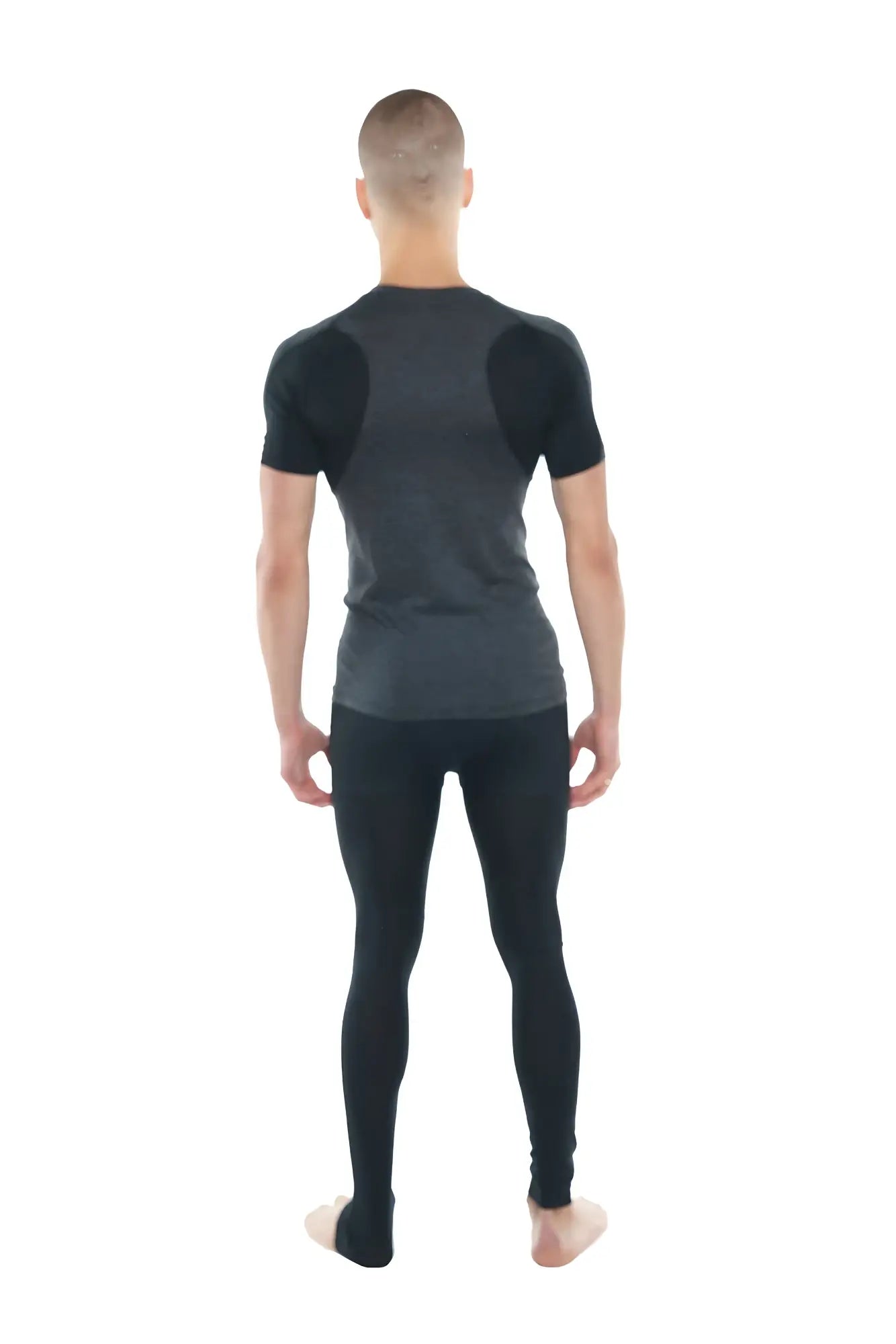 Black short-sleeved designer raglan crew-neck tee with dark gray shoulder panels for athletic wear
