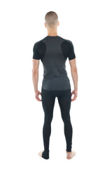 Black short-sleeved designer raglan crew-neck tee with dark gray shoulder panels for athletic wear