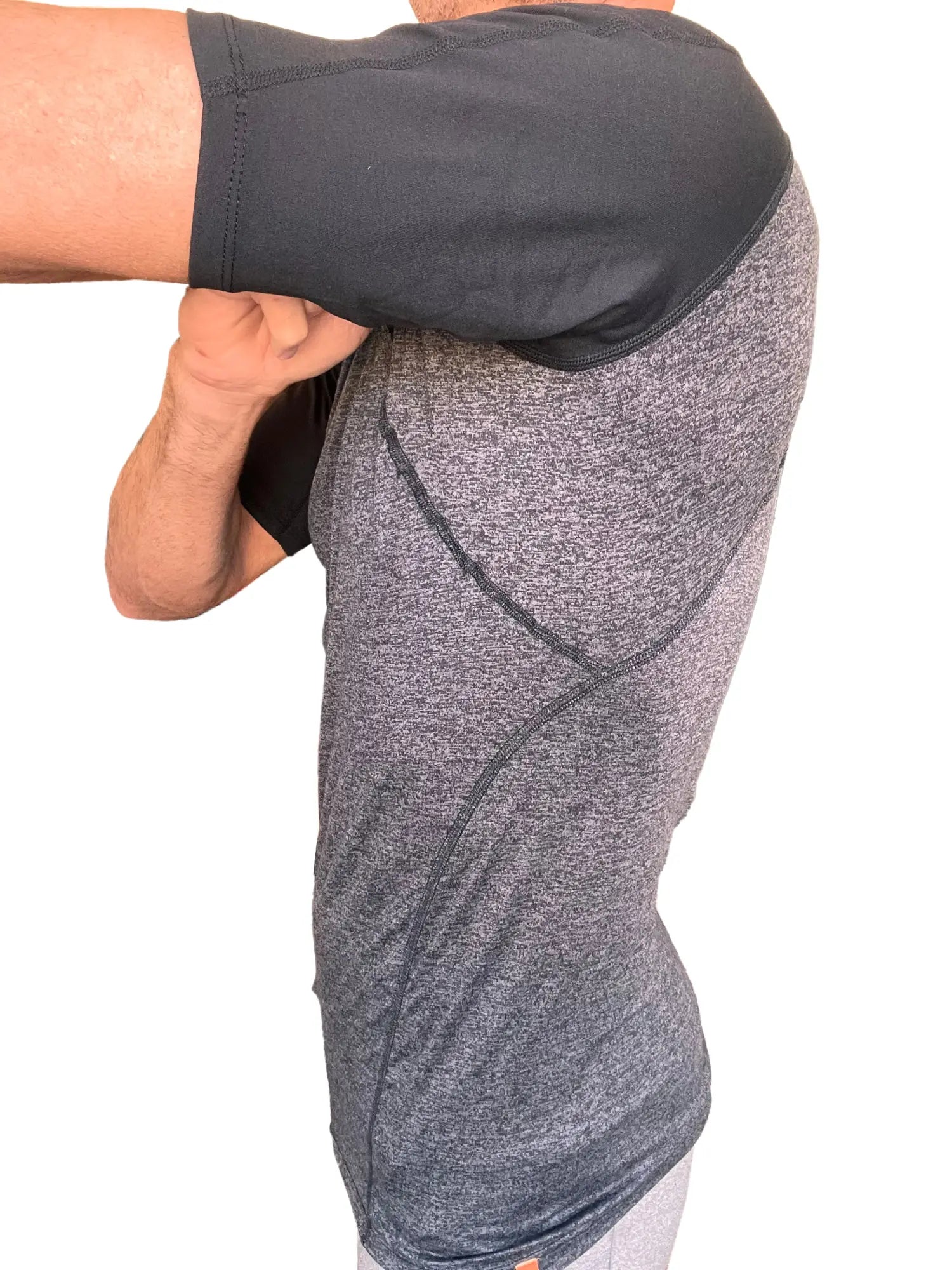 Gray heathered designer raglan crew-neck athletic shirt with black reinforced shoulder panel for active wear