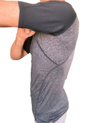 Gray heathered designer raglan crew-neck athletic shirt with black reinforced shoulder panel for active wear