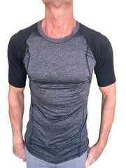 Men’s designer raglan crew-neck tee with heathered charcoal torso and solid black sleeves with subtle seam detailing