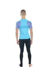 Light blue designer raglan crew neck tee with purple patterned shoulder panels in coral shelf with lavender accent