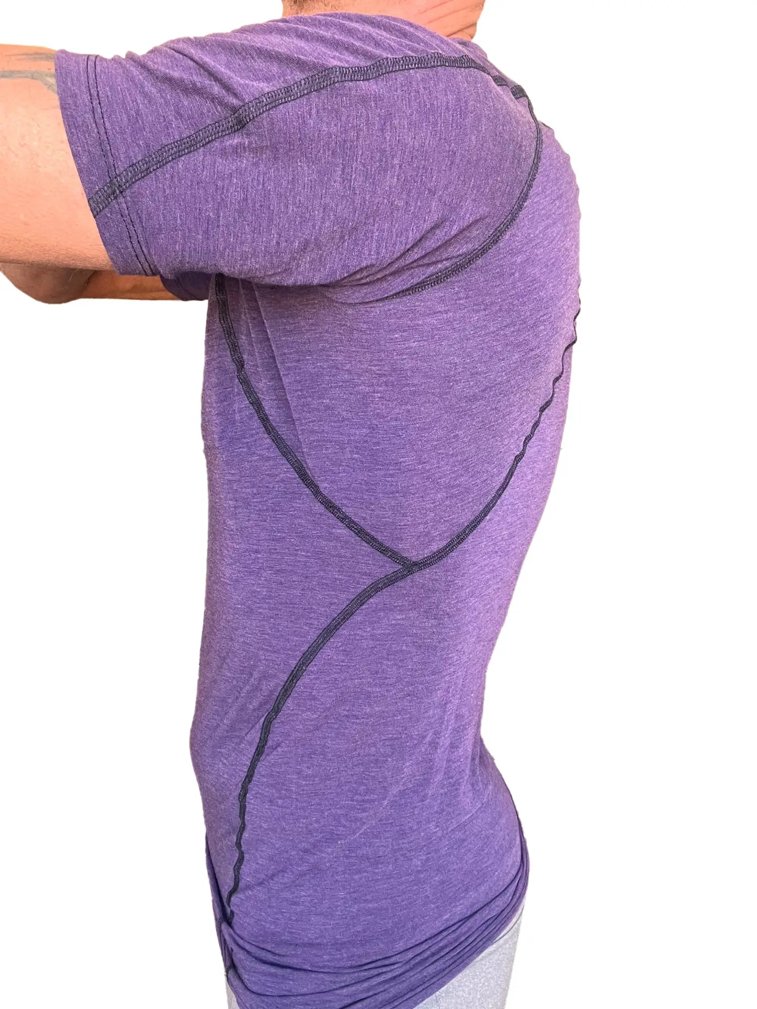 Designer raglan crew-neck tee in eggplant purple with black contrast stitching and purple heathered fabric