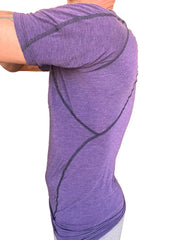 Designer raglan crew-neck tee in eggplant purple with black contrast stitching and purple heathered fabric