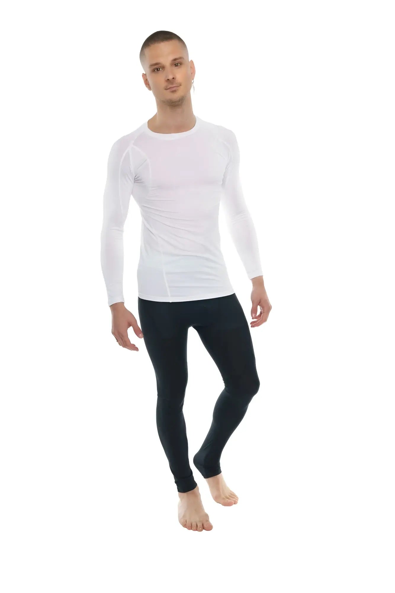 White long sleeve compression shirt with subtle gray logo on left chest designed as a designer raglan crew neck tee