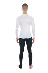 Designer raglan crew-neck arctic white long sleeve compression shirt with subtle textured panels on shoulders and upper arms