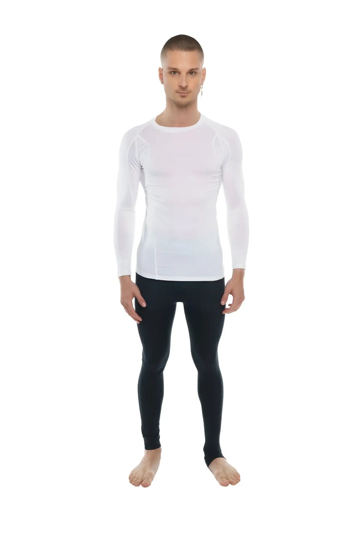 White long-sleeved compression designer raglan crew-neck tee with subtle seam detailing in arctic white color