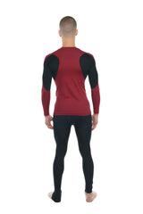 Designer raglan crew-neck tee long sleeve in brick with black accent featuring contrasting shoulder panels for athletic use