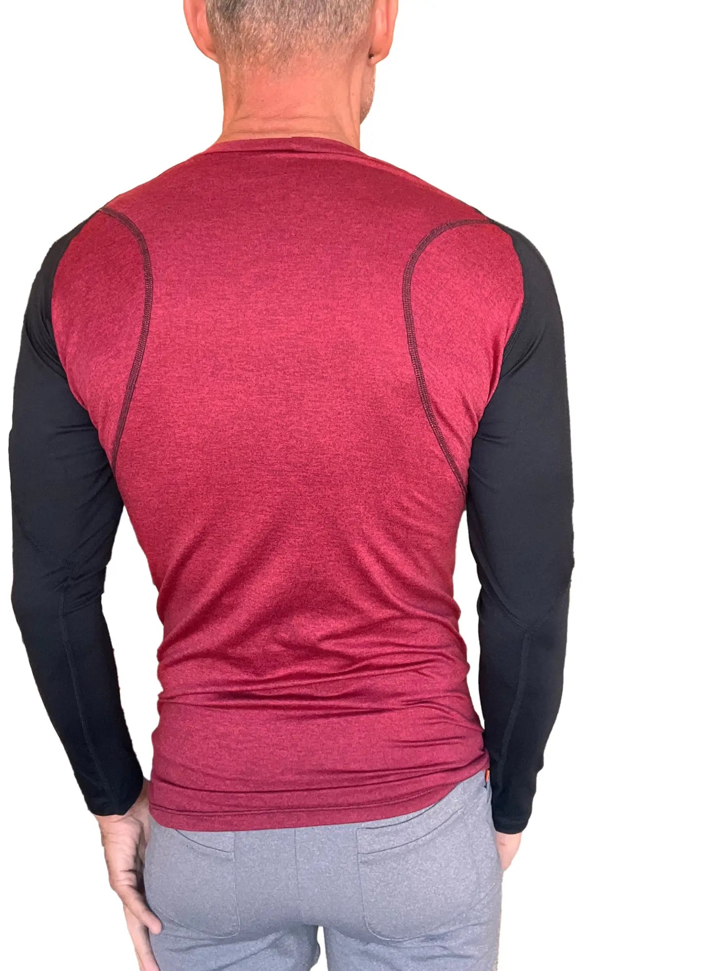 Men’s designer raglan crew-neck long sleeve shirt in heathered maroon with black sleeves and subtle seam detailing