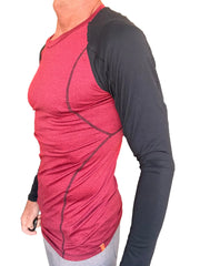 A men’s long-sleeved designer raglan crew-neck athletic shirt with a red heathered body and black sleeves
