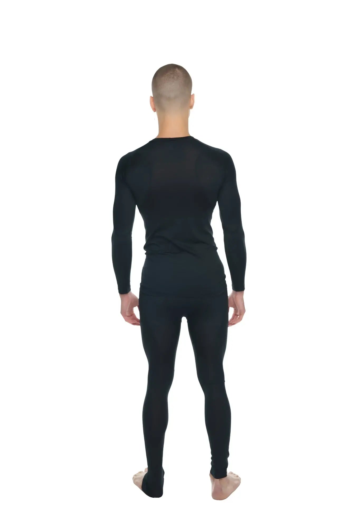Black long-sleeved full-body compression suit designed as a carbon black raglan crew-neck tee alternative
