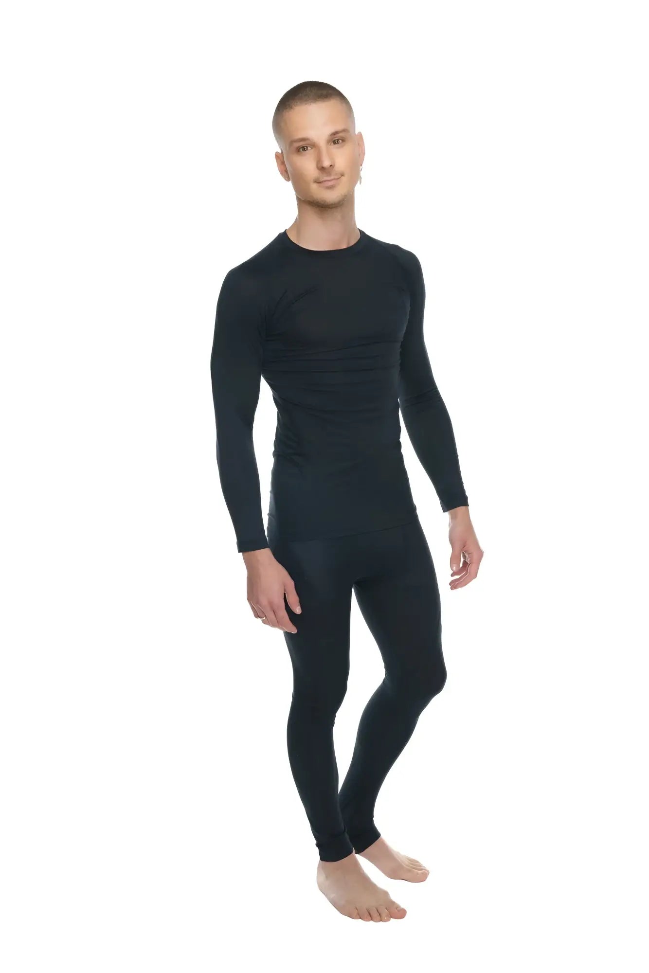 Black long-sleeved full-body compression suit made of carbon black fabric for athletic performance and support