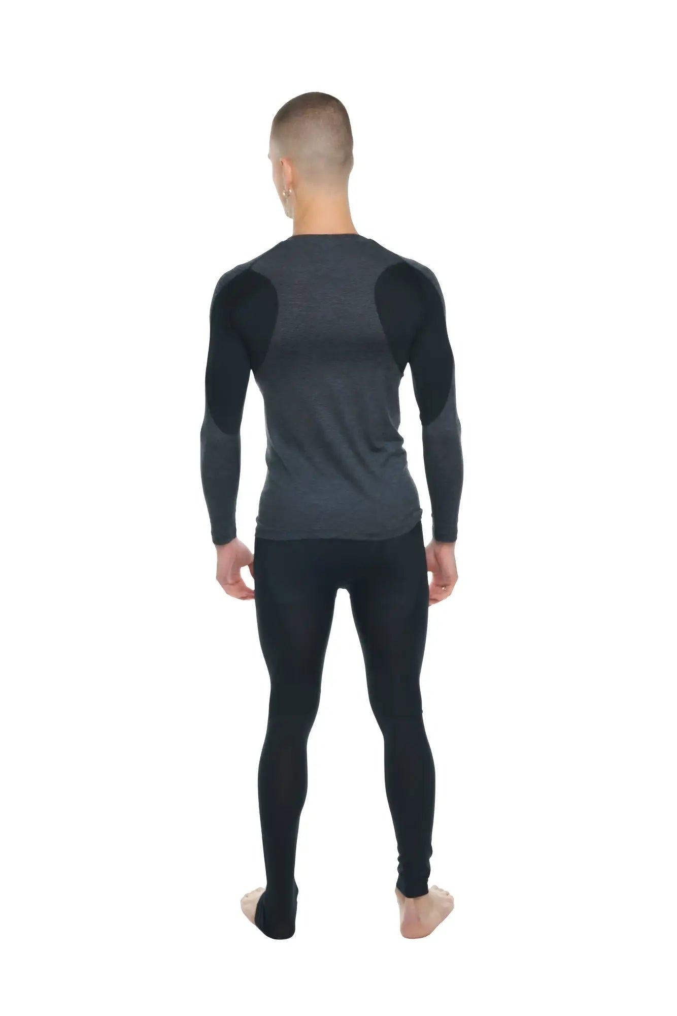 Designer raglan crew-neck tee long sleeve in charcoal with black accent featuring reinforced shoulder panels