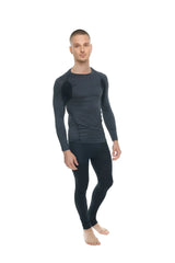 Black long-sleeved designer raglan crew-neck compression shirt with subtle textured panels on shoulders and torso