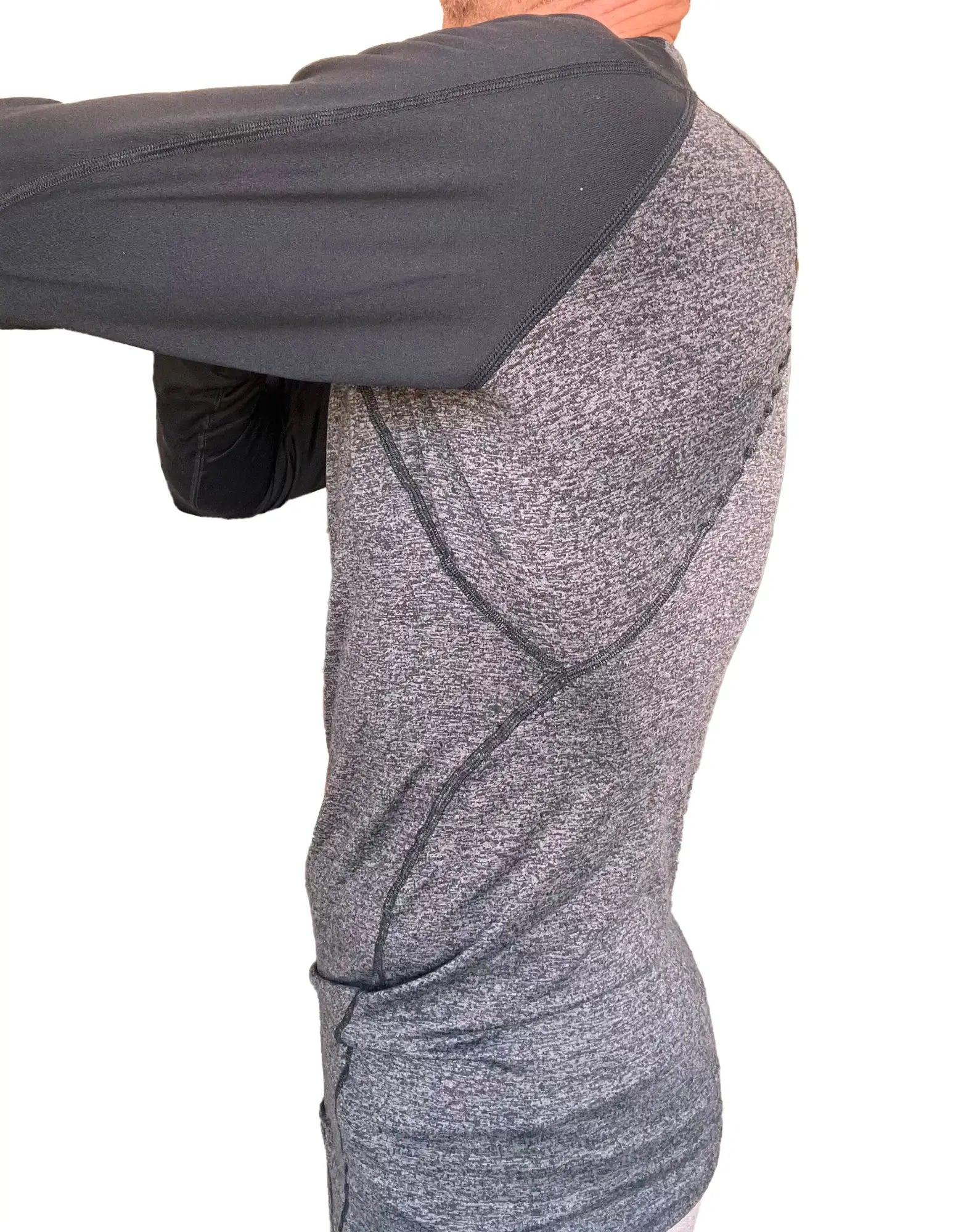 Designer raglan crew neck tee long sleeve charcoal with black sleeve features gray heathered fabric