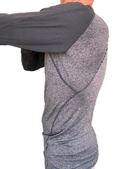 Designer raglan crew neck tee long sleeve charcoal with black sleeve features gray heathered fabric