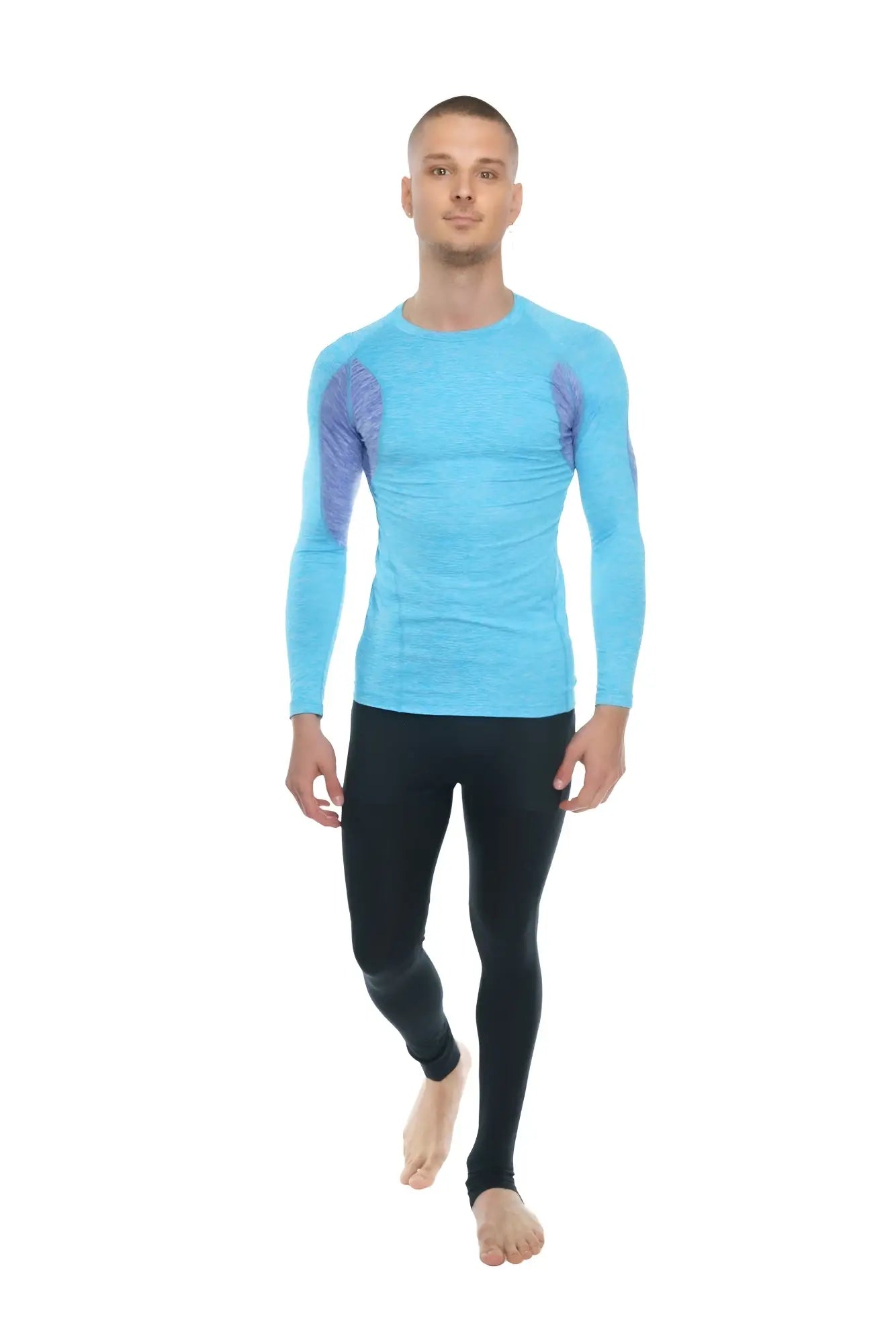 Designer raglan crew-neck long sleeve tee in light blue compression fabric with purple patterned shoulder panels