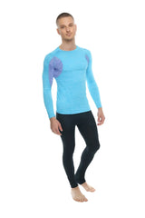 Light blue long-sleeved designer raglan crew-neck tee with purple leaf-patterned shoulder panels coral shelf with lavender accent