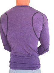 Purple heathered long sleeve raglan crew neck tee with black seam detailing in eggplant purple for athletic wear