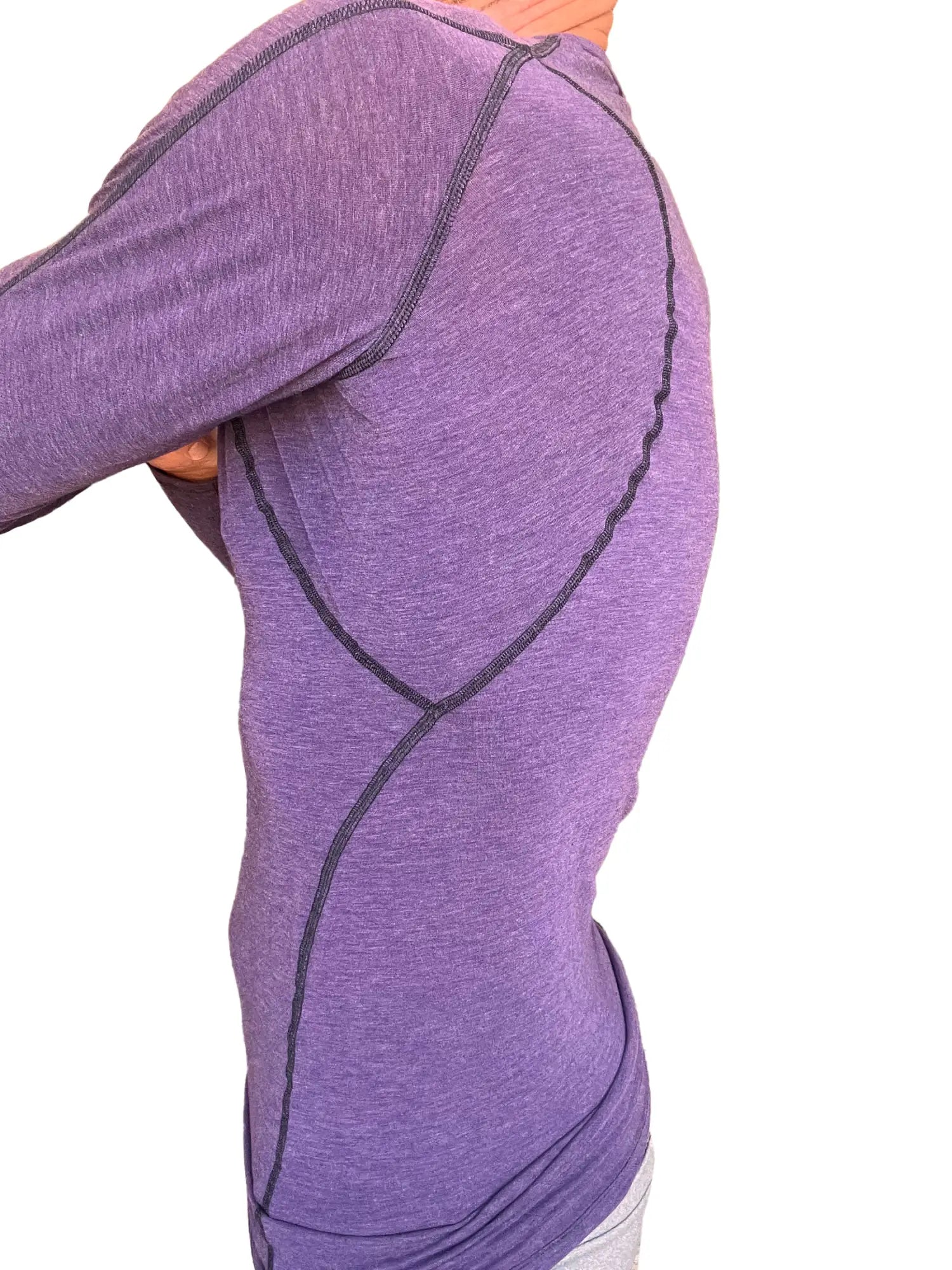 Purple heathered long sleeve designer raglan crew neck tee with dark seam stitching ideal for athletic wear
