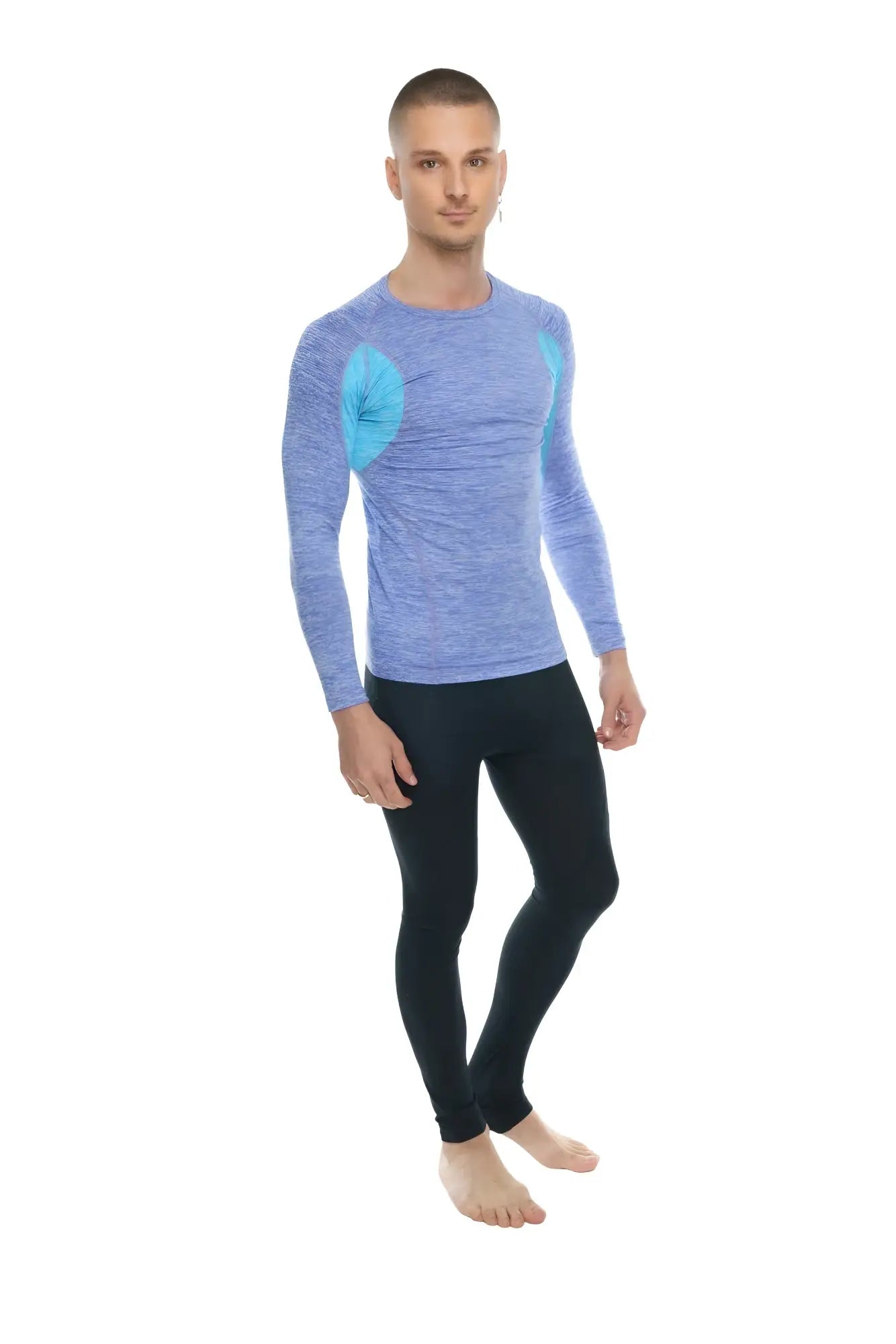Designer raglan crew-neck long sleeve tee in blue and teal with textured fabric and a comfortable athletic fit