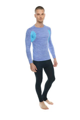 Designer raglan crew-neck long sleeve tee in blue and teal with textured fabric and a comfortable athletic fit
