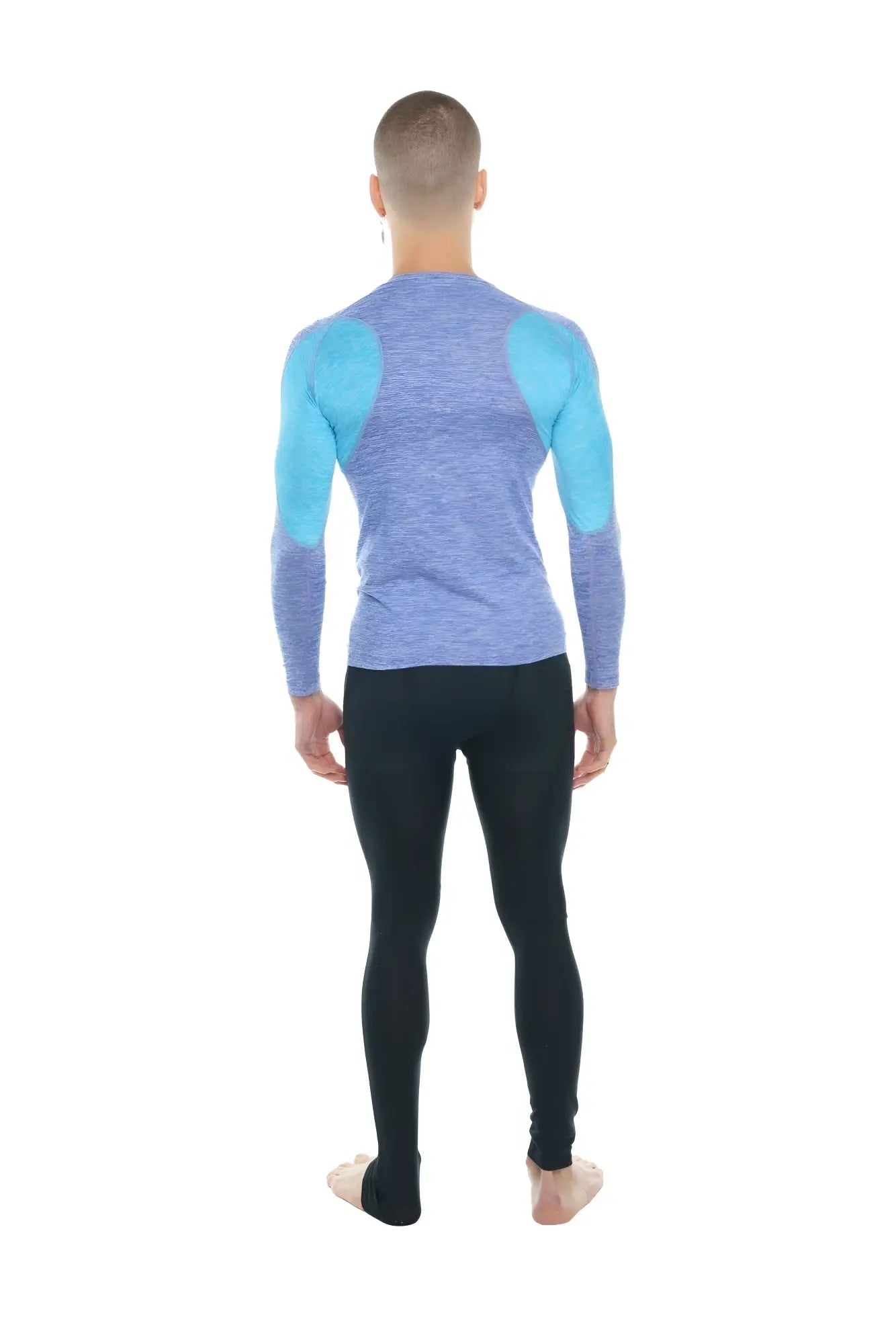Blue and teal long-sleeved performance top with textured heathered fabric designed as a designer raglan crew-neck tee