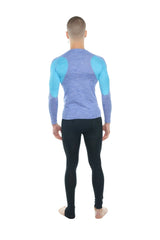 Blue and teal long-sleeved performance top with textured heathered fabric designed as a designer raglan crew-neck tee