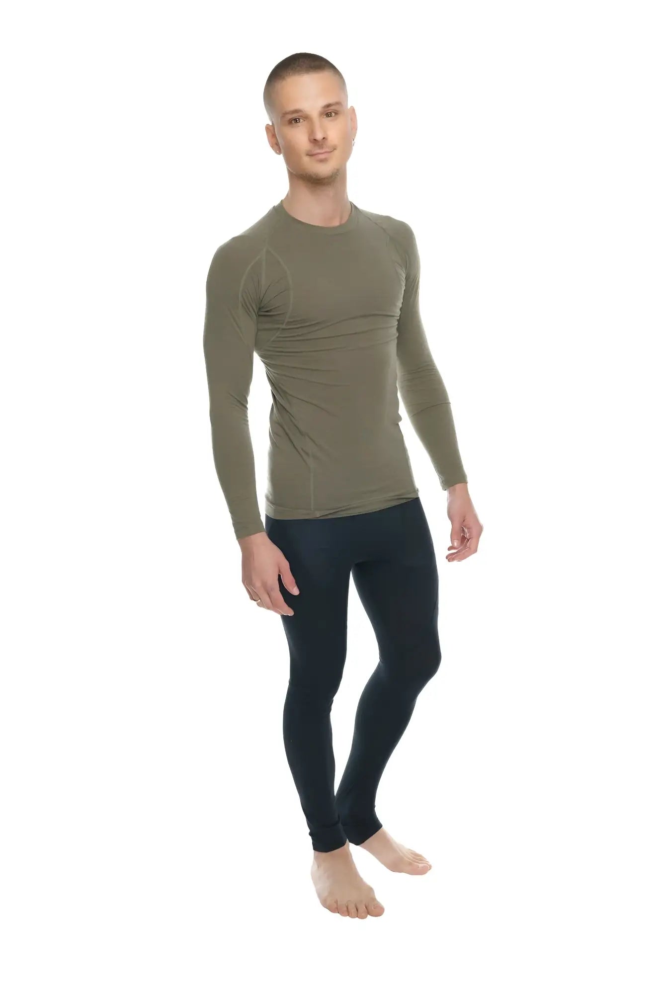Olive green long-sleeved compression shirt with raglan sleeves and crew neck for active wear