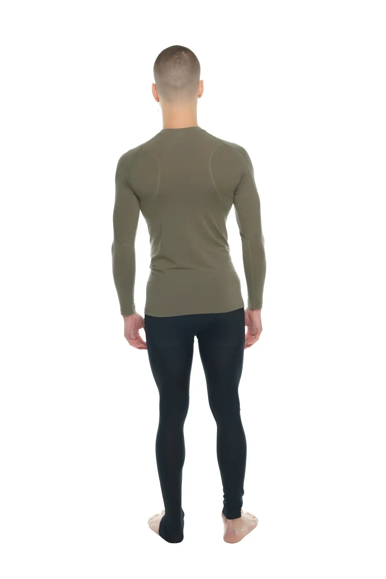 Olive green designer raglan crew-neck long sleeve performance top with a fitted seamless design