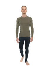 Olive green long-sleeved compression crew-neck tee made from breathable fabric for active use