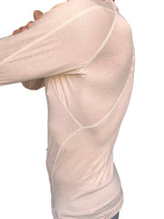 A beige long sleeve designer raglan crew neck tee with compression fit and visible seam detailing