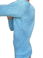 Light blue heathered long sleeve athletic shirt with subtle seam detailing and raglan crew neck design