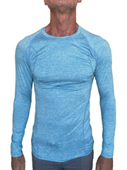 Light blue heathered long sleeve designer raglan crew neck tee ideal for athletic wear in solid coral shelf style