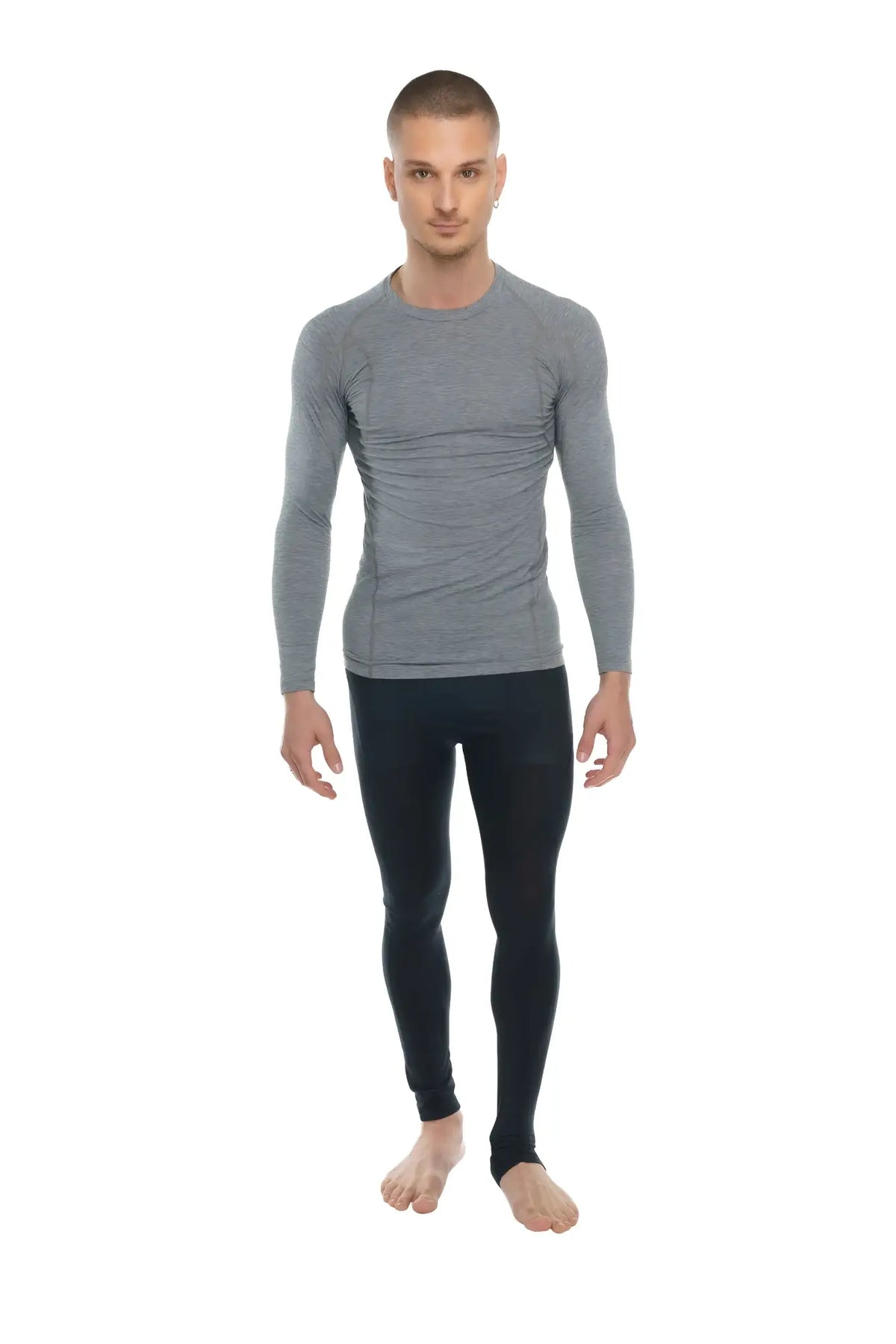 Gray long-sleeved compression shirt with subtle textured pattern from designer raglan crew-neck tee steel gray line