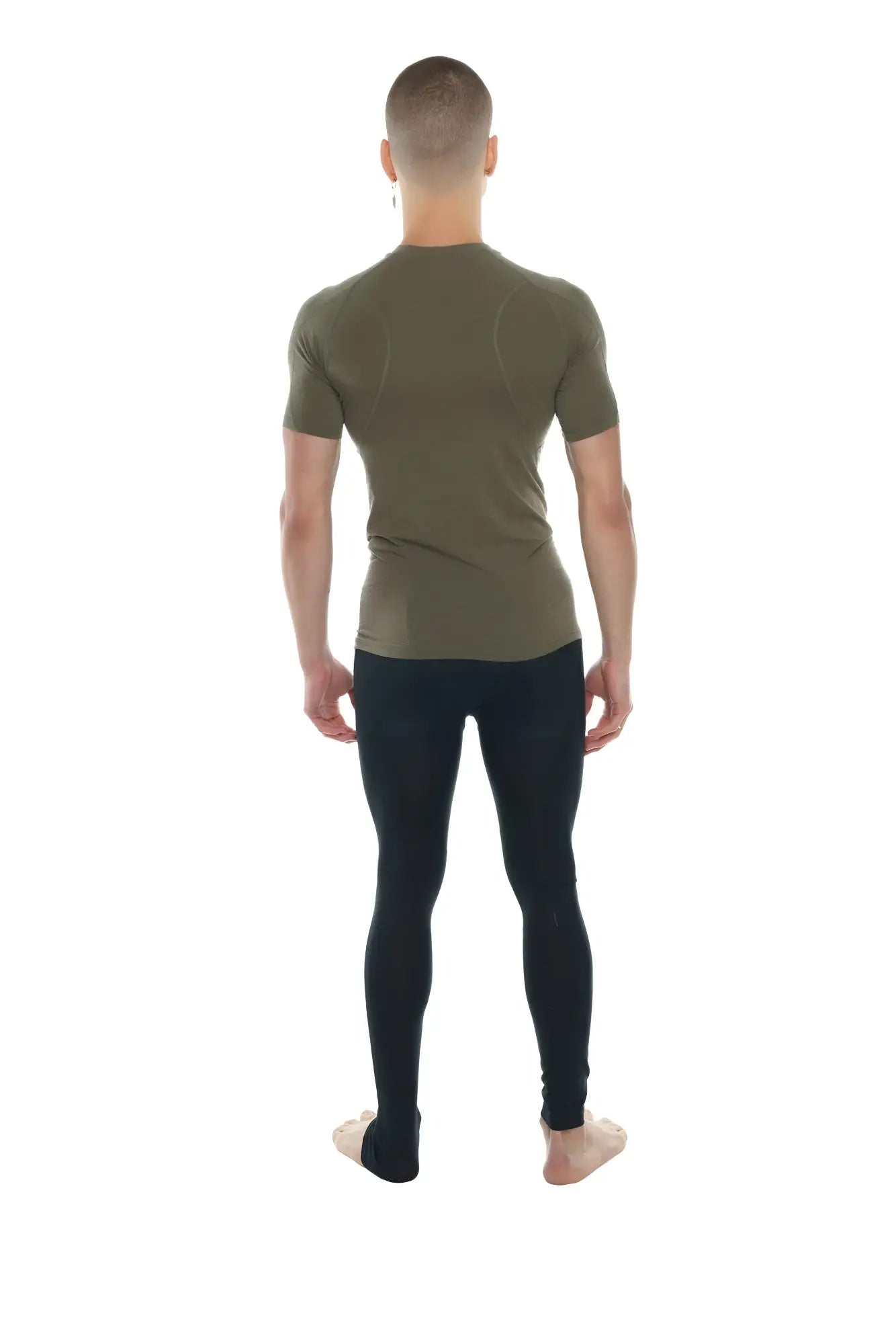 Olive green short-sleeved compression shirt with raglan sleeves and crew neck designed for active wear