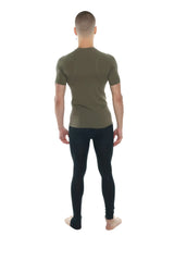 Olive green short-sleeved compression shirt with raglan sleeves and crew neck designed for active wear