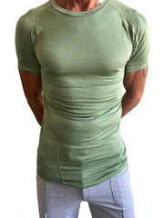 A fitted olive green athletic tee with raglan sleeves and crew neckline perfect for active wear