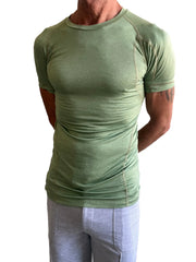Olive green designer raglan crew-neck tee with short sleeves and subtle seam detailing for athletic wear