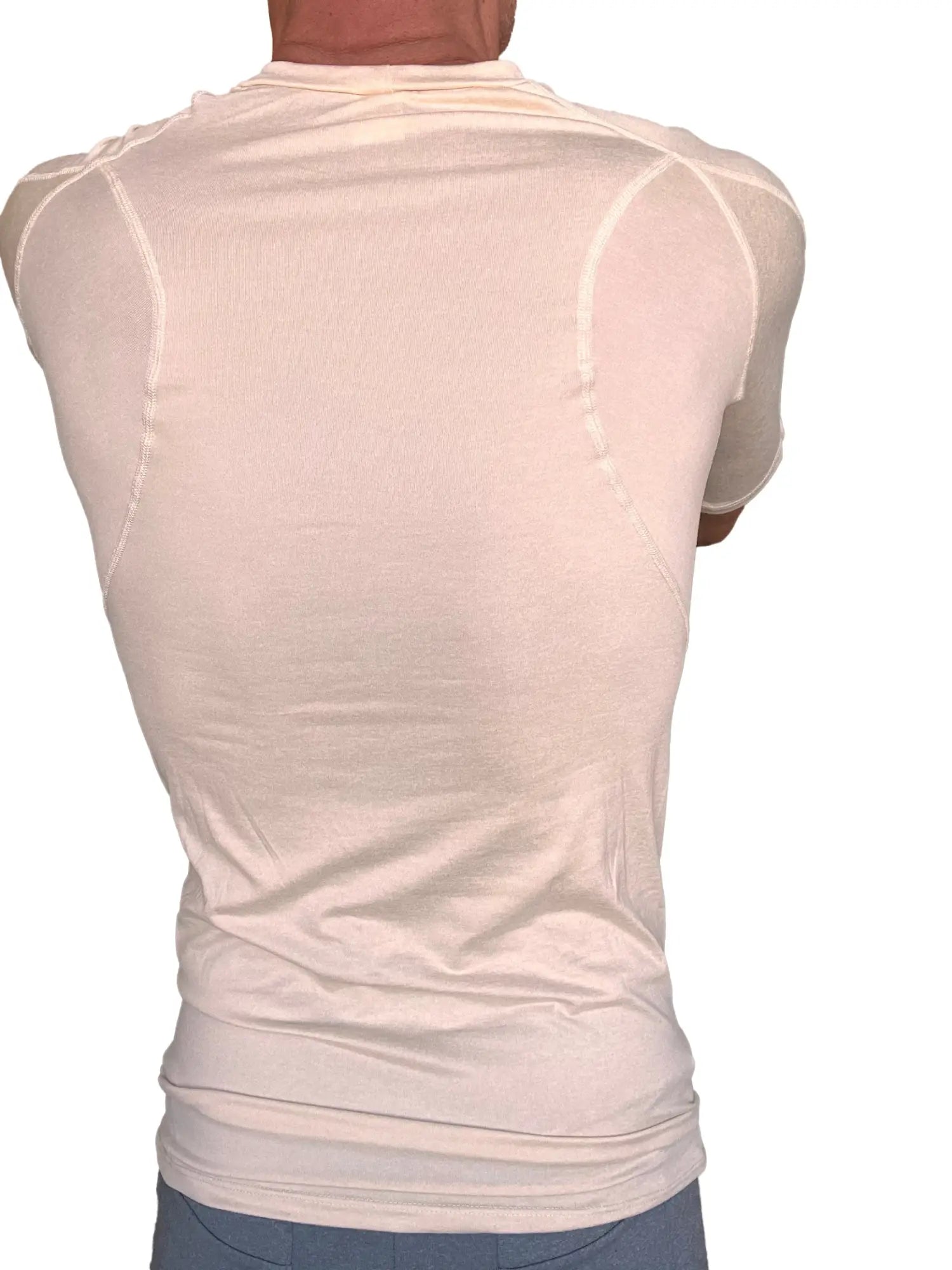 A cream-colored designer raglan crew-neck tee with reinforced seams and short sleeves in sand beige